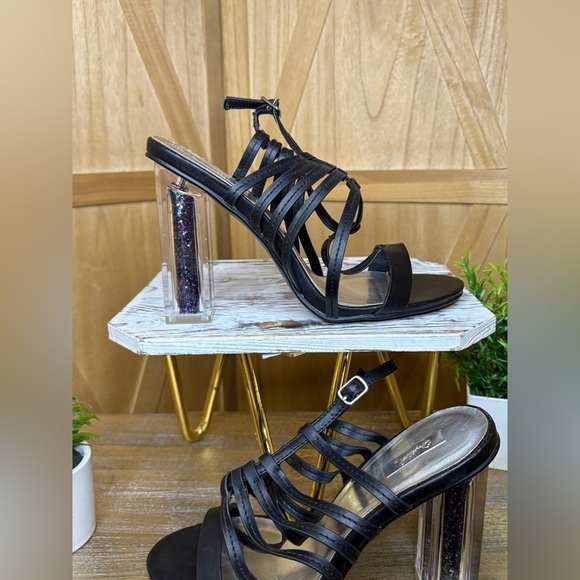 Qupid Women’s Elegant Black Strappy Heels with Glitter Block Heel Size 8 - Picture 1 of 5